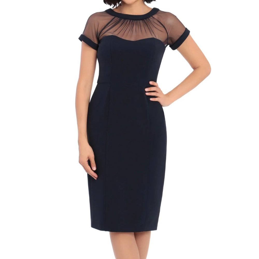 MAGGY LONDON Illusion Yoke Crepe Cocktail Dress in Navy 6 Petite